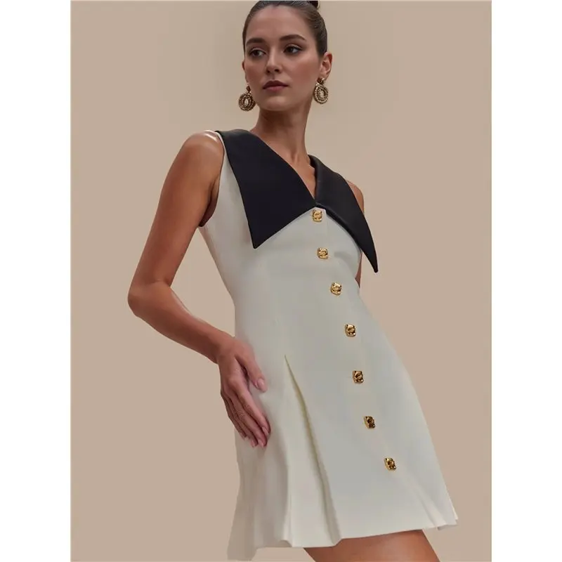 CYL-女性用エレガントミディドレス ノースリーブ 襟付き フィット＆フレア ボタン留め オフィスワーク、イブニング＆カジュアルドレス