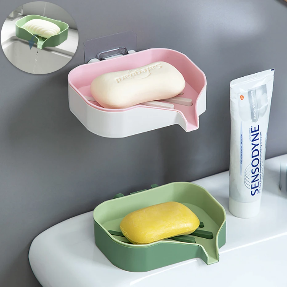 

Double Layer Soap Holder Punch-free Wall Mounted Drain Soap Box Sponge Tray Bathroom Accessories Soap Organizer Dishes Box