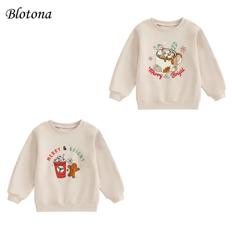 Blotona Toddler Christmas Sweatshirts Long Sleeve Snowman Mug Print Pullover Tops Kids Spring Fall Casual Clothes 3-6Years