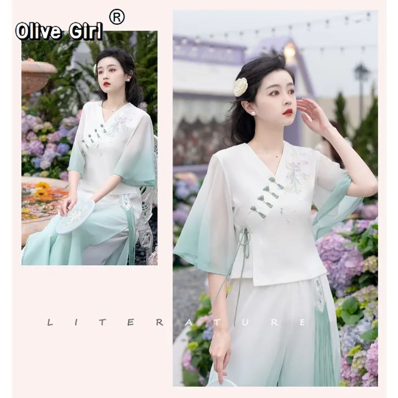 Olivegirl Plus Size Women's Embroidery Shirt Blouse Flared Sleeves Top Wide-leg Pant Oversized Elegant Chiffon Trousers Clothing