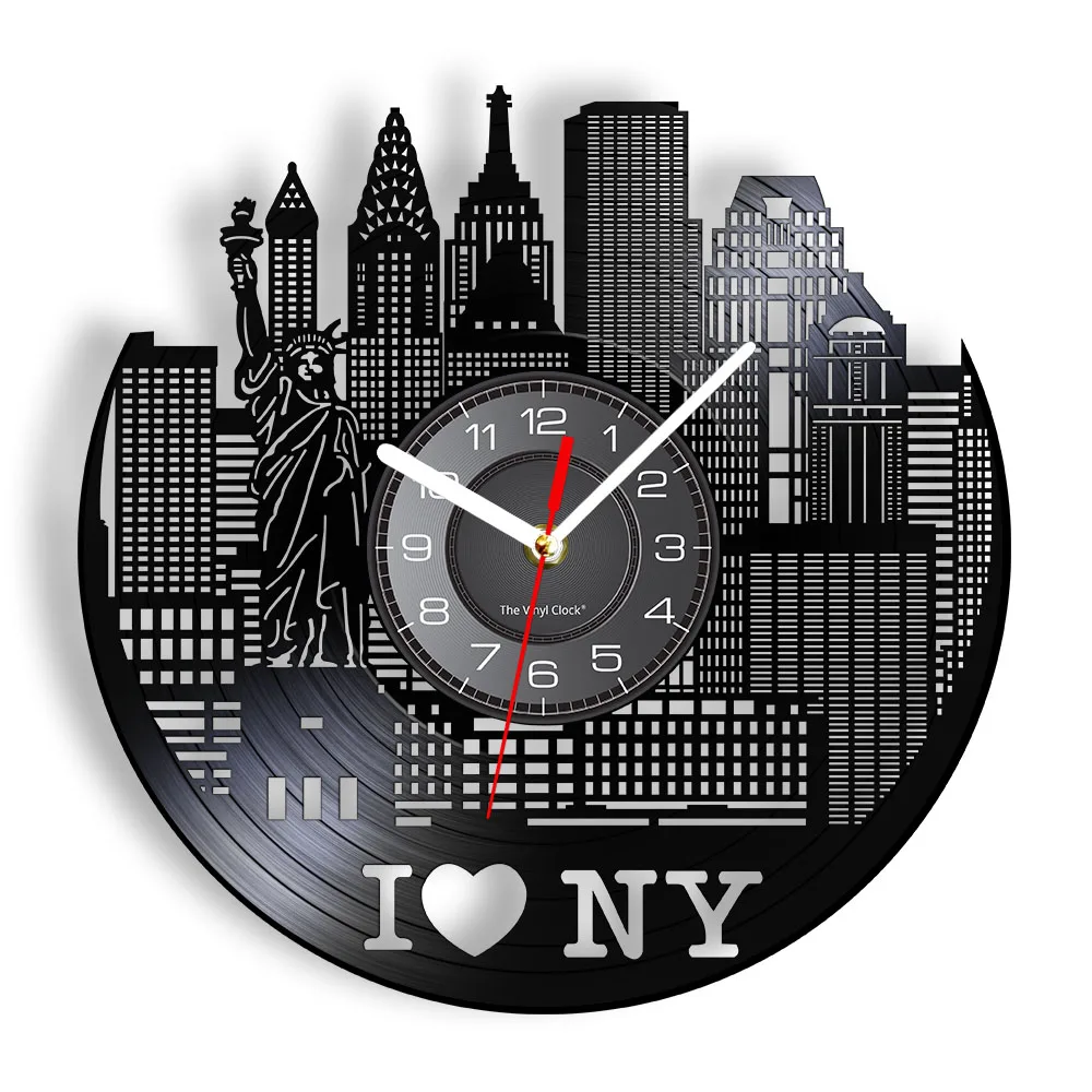 New York Skyline Landmark Statue Of Liberty Vinyl Record Wall Clock Bedroom Office Decor New York Skyscrapers Retro Wall Clock