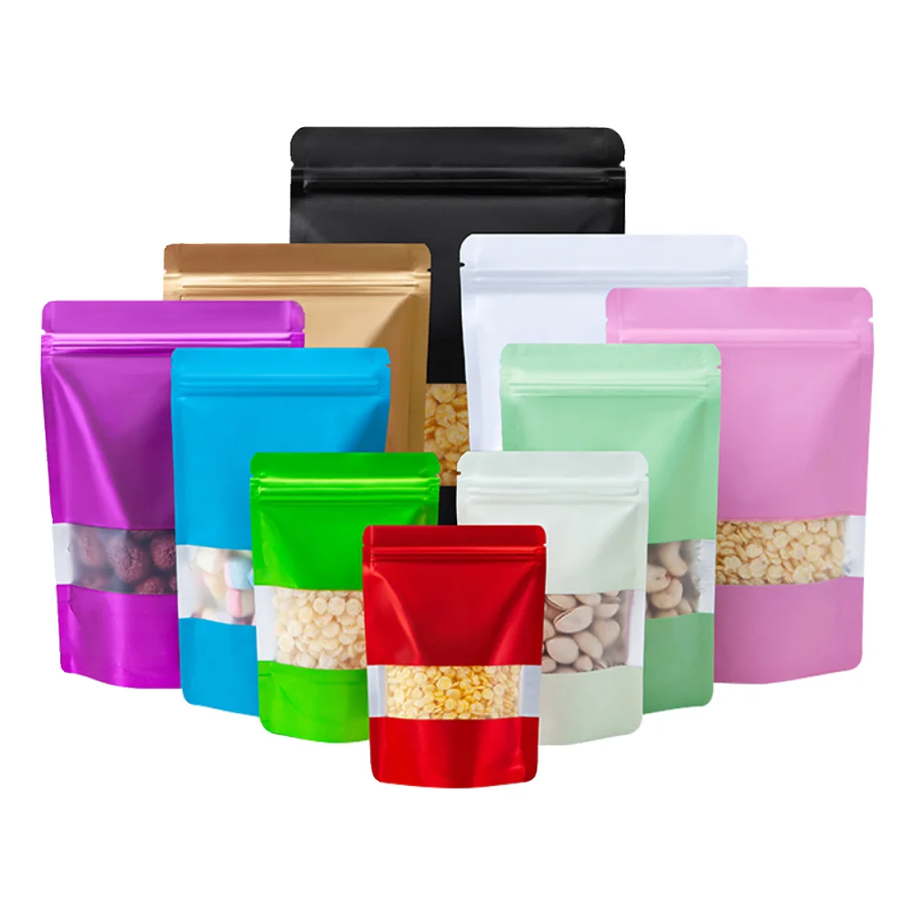 100pcs 0.16mm Window Stand Up Packaging Multiple Color Optional Food Pouch Bulk Customized Printing