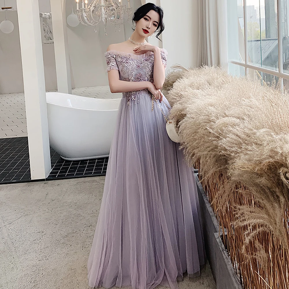 Purple Bridesmaid Dress Women Wedding Banquet Sisters Dress Off The Shoulder Embroidery Floral Long Slim Evening Dresses Party