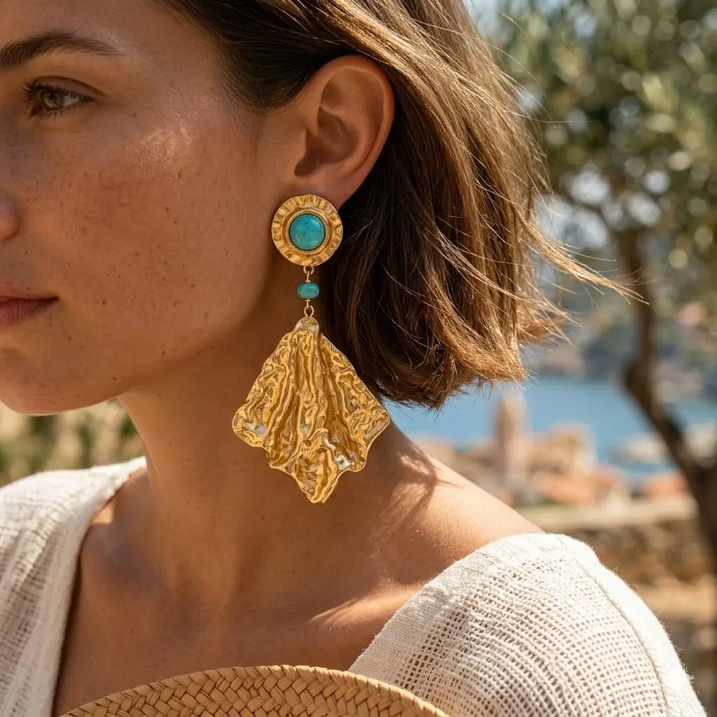

Vintage Drop Earrings 18K Gold Plated Stainless Steel Irregular Geometric Hammered Turquoise Dangle Ear Jewelry One Pair