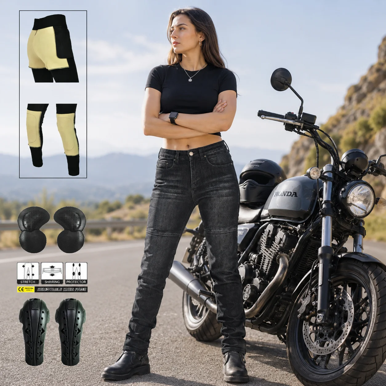 

Women Winter Motorcycle Riding Jeans Fleece Lined CE Protective Anti-Fall Biker Pants Warm Windproof Silicone Pads Trousers