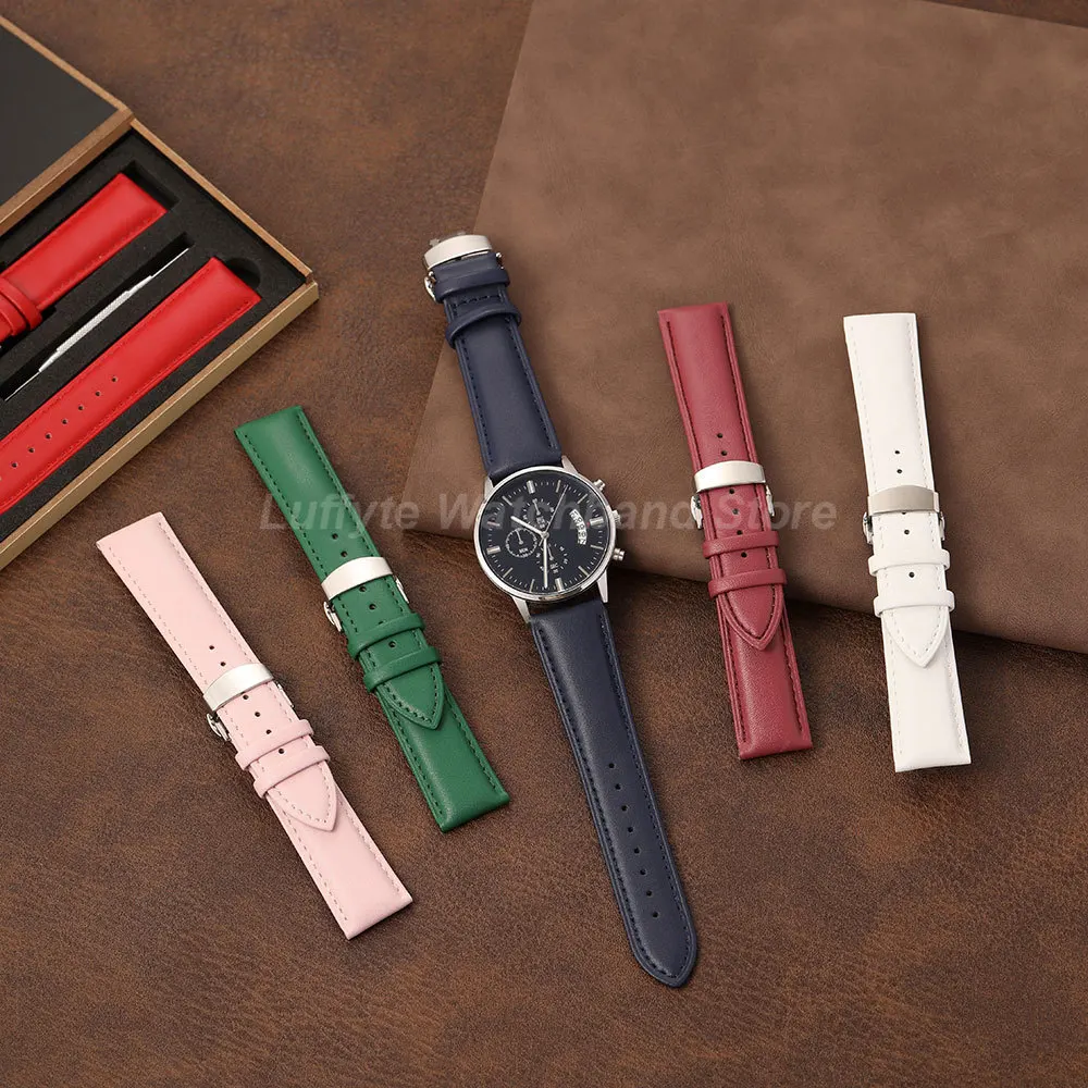Women PU Leather Watch Strap 18mm 20mm 22mm with Butterfly Buckle Gift Packing Box Simple Casual Wristband Bracelet