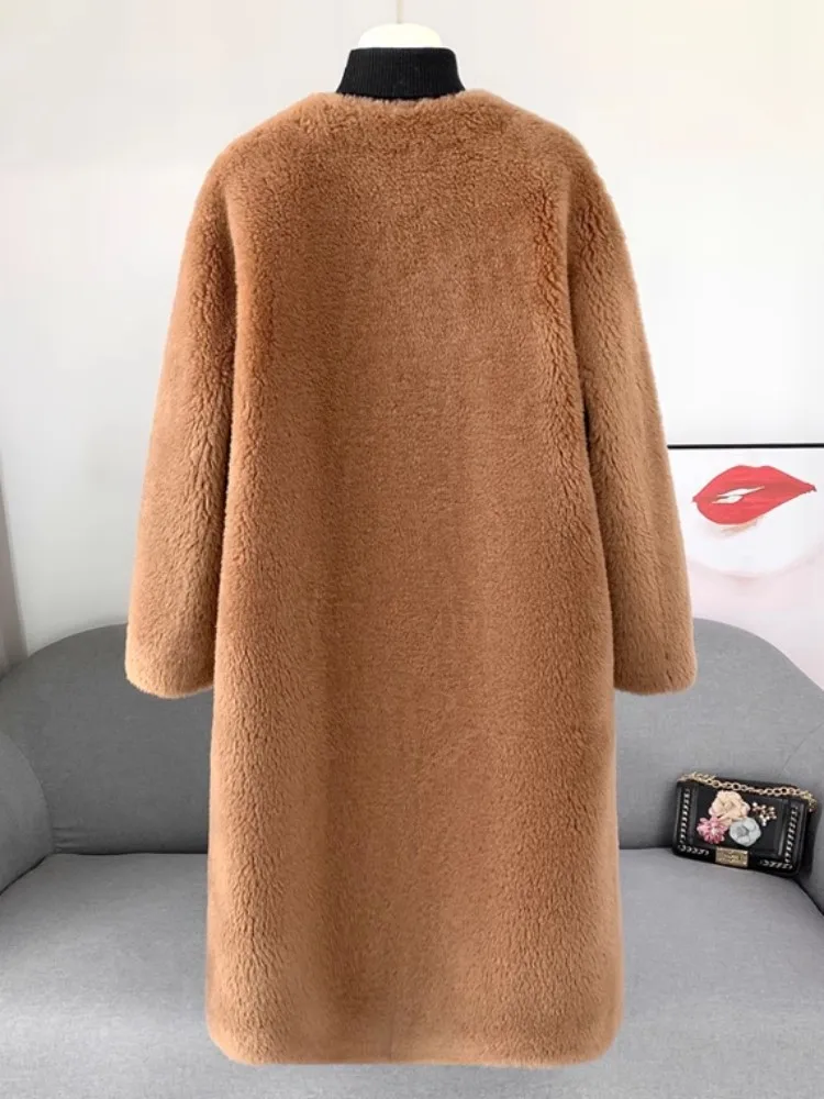 Women Autumn Winter Fashion Sheep Shearing Long Coat Fashion Office Ladies Casual V-Neck Single Button Straight Lamb Wool Jacket