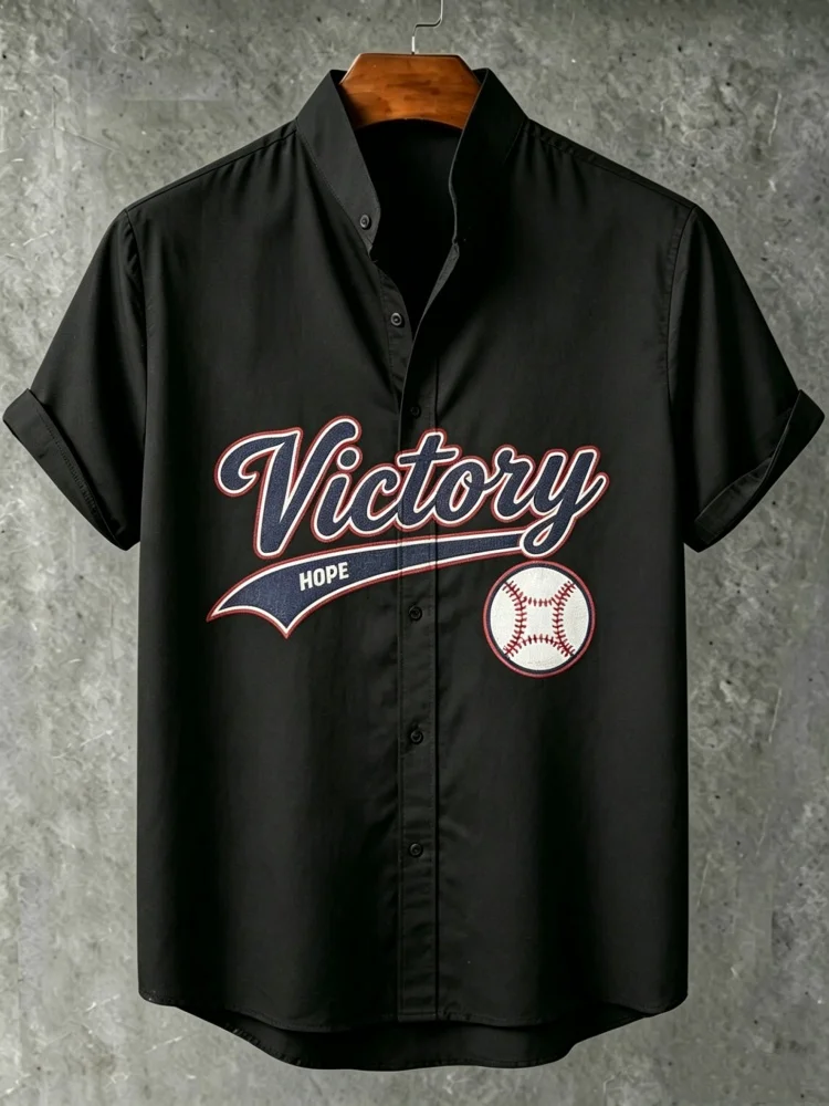 

Men's "Victory Hope" Baseball Print Stand Collar Short Sleeve Shirt Loose Comfort Casual Streetwear Top