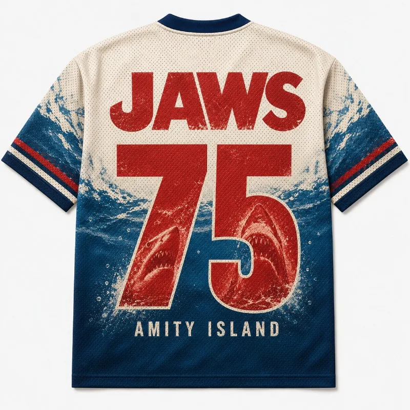 JAWS Film Hai-Print Mesh Fußballtrikot T-Shirt Y2K Oversized Kurzarm Sommer Atmungsaktive Sport-Oberteile Damen Vintage T-Shirt – Detail 5