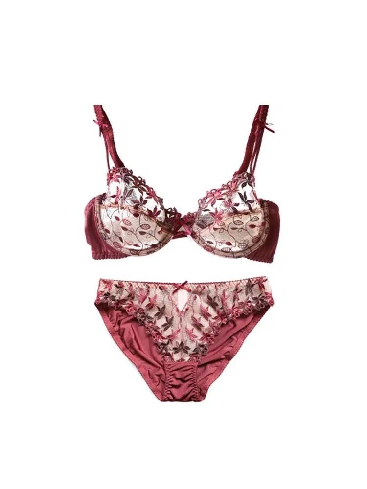 BANERDANNI طقم حمالة صدر ولباس داخلي شبكي من الدانتيل باللون الأحمر المثير والشفاف على طراز فيكتوريا كوب رفيع مع تصميم خلفي جميل