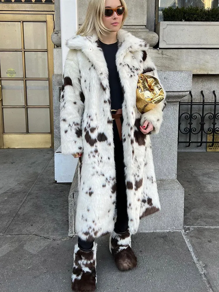 2024 Winter Women Chic Contrast Faux Fur Warm Overcoat Fashion Single Breasted Full Sleeeve Thick Coat Lady Thermal Plush Jacket