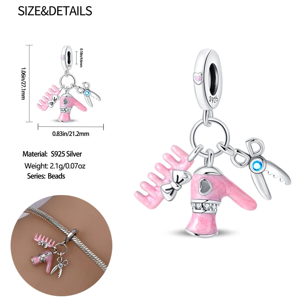 Lovely Pink 925 Sterling Silver Hair Dryer&Comb&Scissors Combination Pendant for DIY Bracelet Hairdressing Series Jewelry