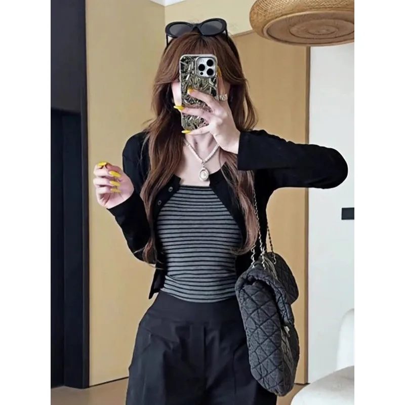 Sexy Stripe Long Sleeve Crop Top And Vest Set for Women Fashionable Outerwear Design Autumn Collection Loose Fit Polyester Blend