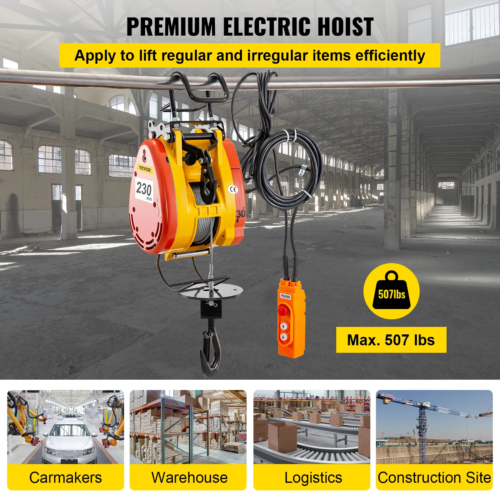 VEVOR Electric Chain Hoist 230kg Capacity Electric Winch 507lbs w/98ft/30m Length Steel Wire Rope Remote Control Crane Overhead