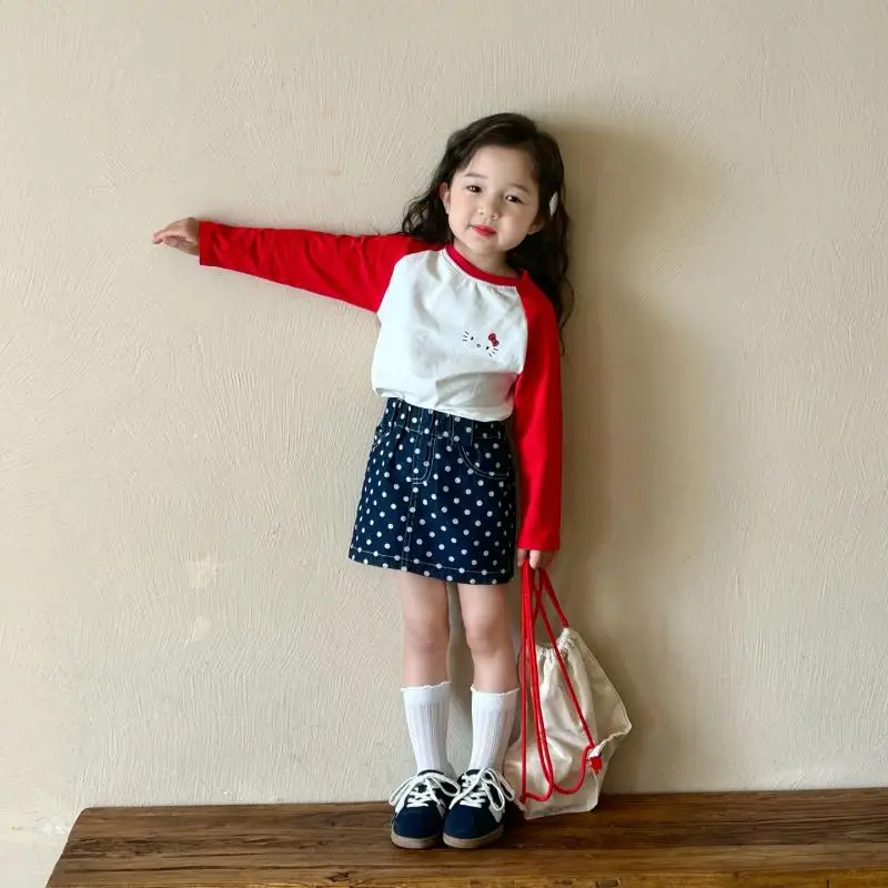 

2Pcs Girl Hello Kitty Print Cotton T-Shirt Short Skirt Sanrio Kuromi Children Long Sleeve Sweatshirt Skirt Kawaii Casual Cartoon