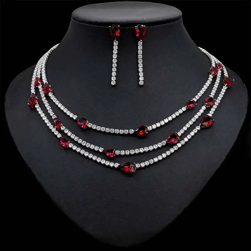 

Shiny Colorful Cubic Zirconia 3 Rows Multi Layer Bridal Wedding Choker Necklace Earrings Jewelry Set for Women 2022 Dubai