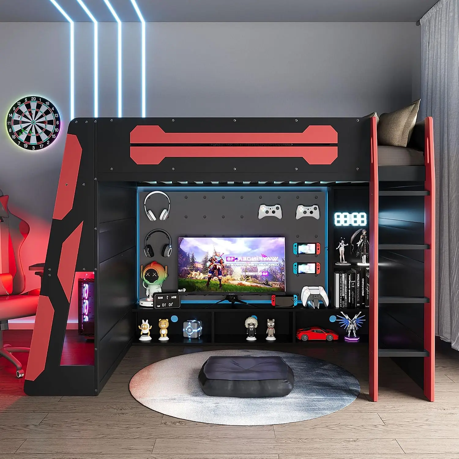 Wood Gaming Loft Bed With Desk, Storage & Charging Station, RGB Light & Guardrail, Space-Saving For , Customized