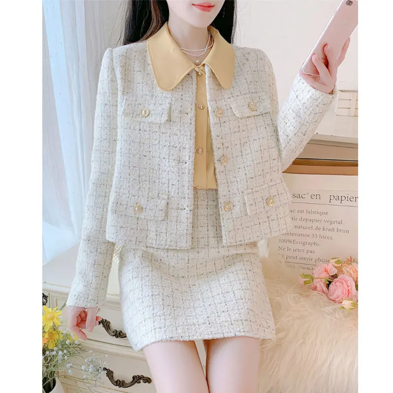 2 pieces of coarse woolen women's set checkered jacket+high waisted skirt new 2024 autumn and winter small fragrance style set