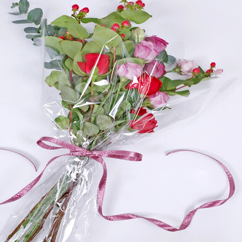 StoBag 100pcs Cellophane Transparent Flowers Packaging Bags Rose Gift Opp Plastic Clear Love Valentine's Day Wedding Party Favor