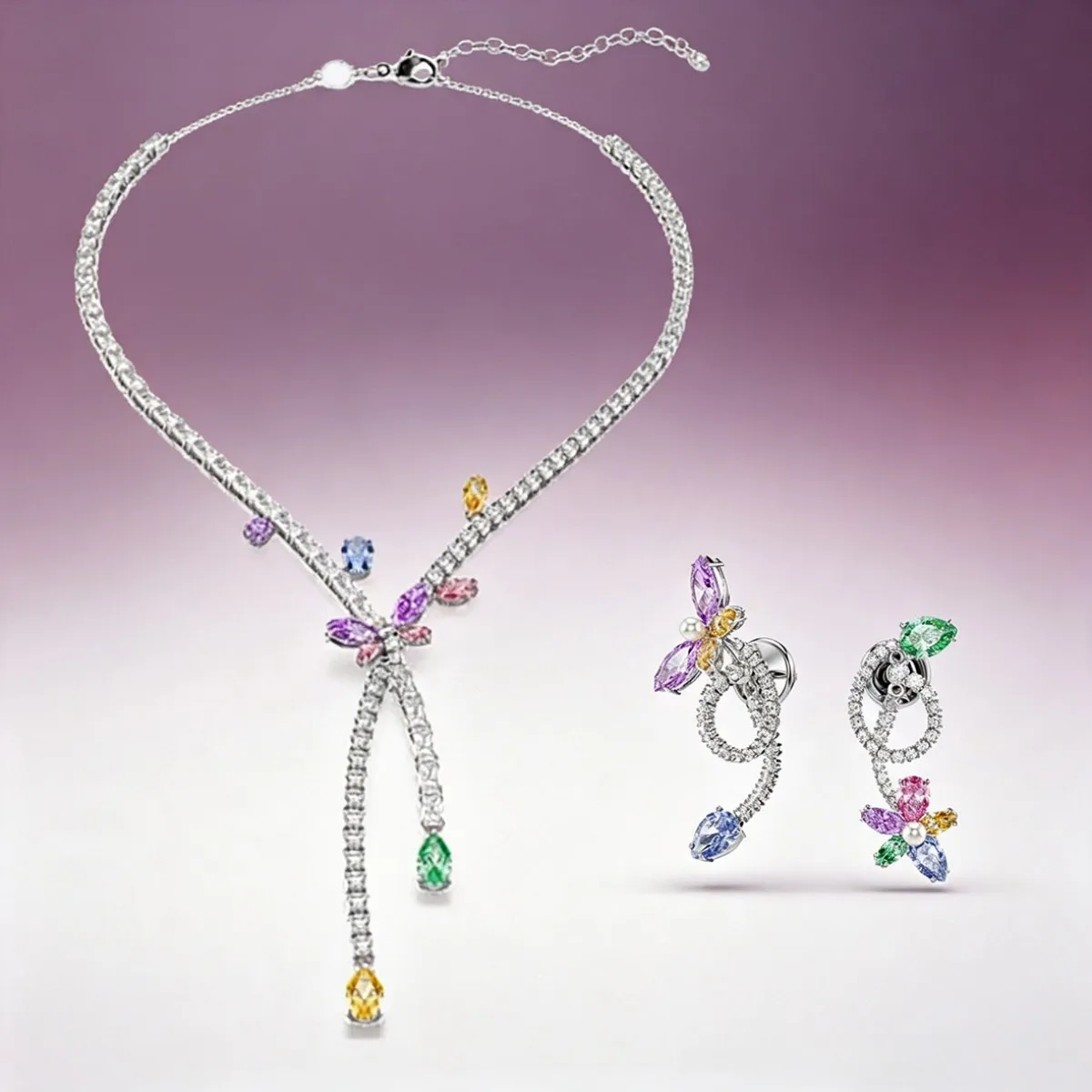 Multicolor CZ Flower Dragonfly Jewellery Set for Women