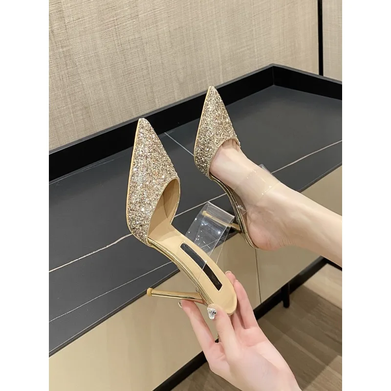 

summernew gold sequined high-heeled women's slippers pointed thin heels sexy bag head drag transparent belt sandals outside wear