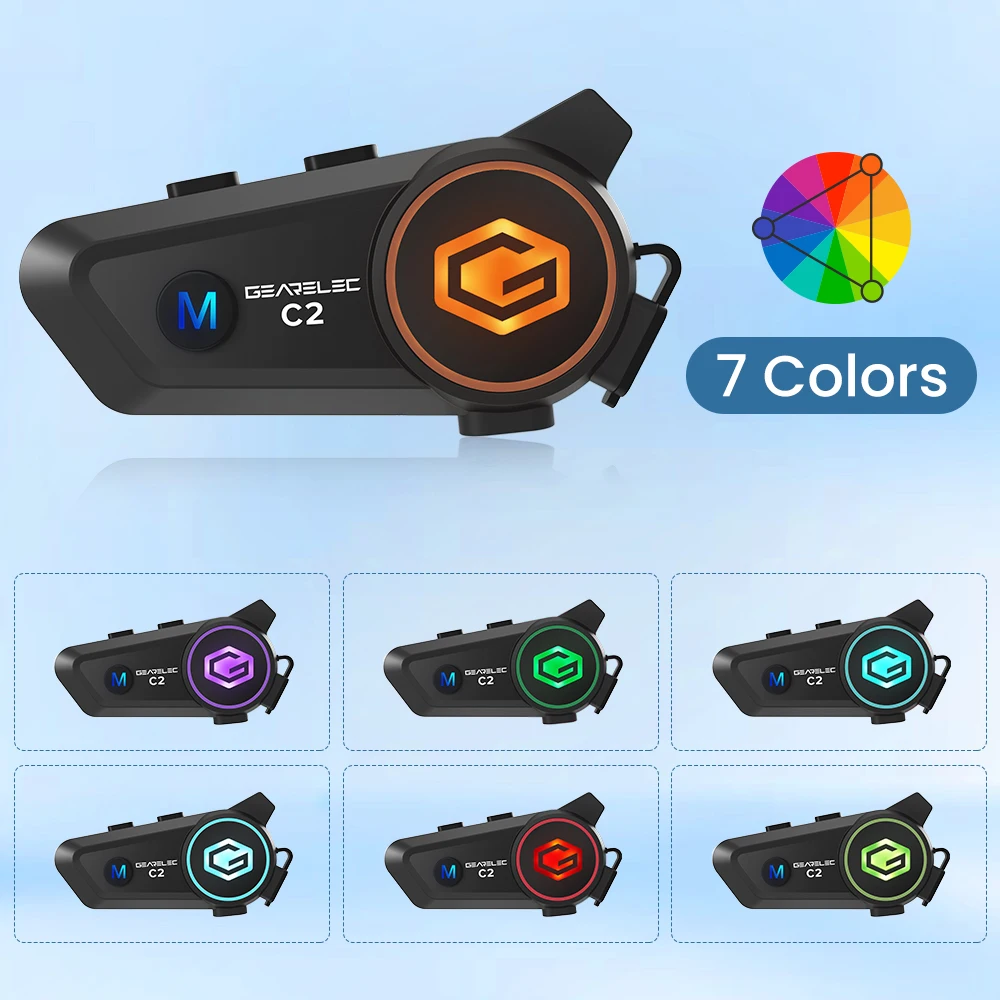 GEARELEC C2 Motorcycle Helmet 5.3 Bluetooth Intercom Headset 50m 2-Rider IP67 Waterproof BT Wireless Communication Multicolor