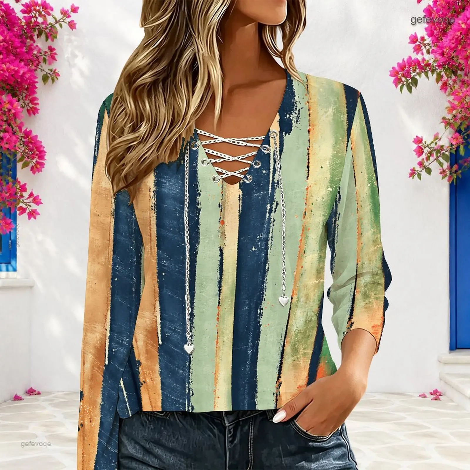 Women Printed Vertical Stripe Color Block V Neck Lace Up Long Sleeve Top