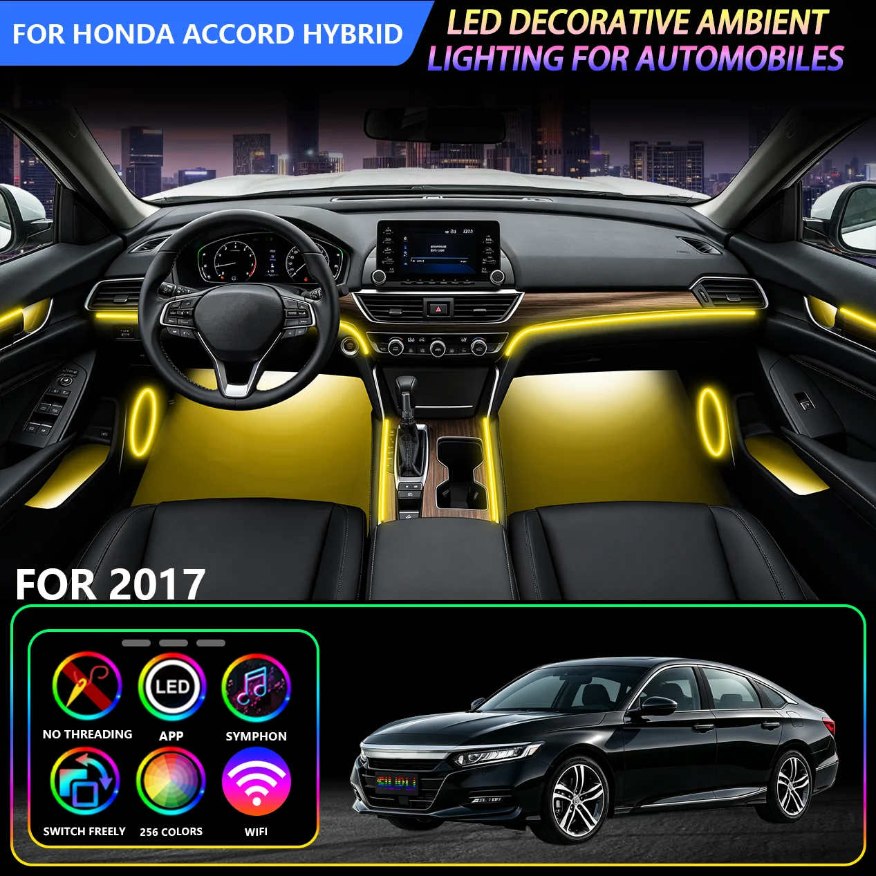For Honda Accord Hybrid 2017, Colorful Car LED Lights, 18 Lights, 256 Dynamic Night Light Colors, APP Control, an LED Interior Ambient Light, Atmosphere Lighting Set