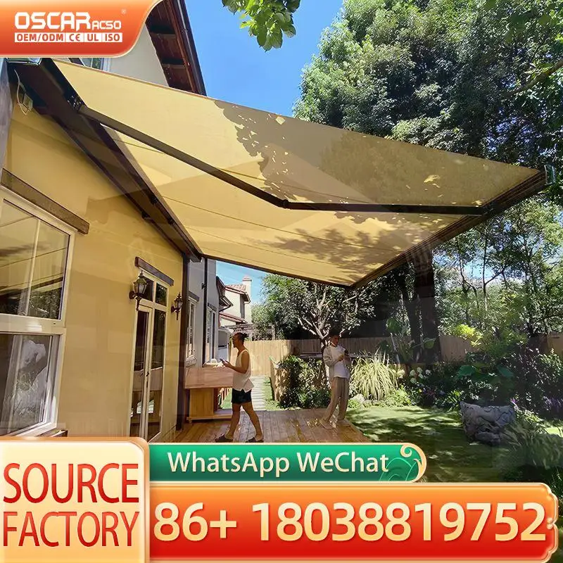Electric Retractable Full Cassette Awning with Acrylic Sail Rainproof Remote Control White Frame Convenient for Patio Backyard P