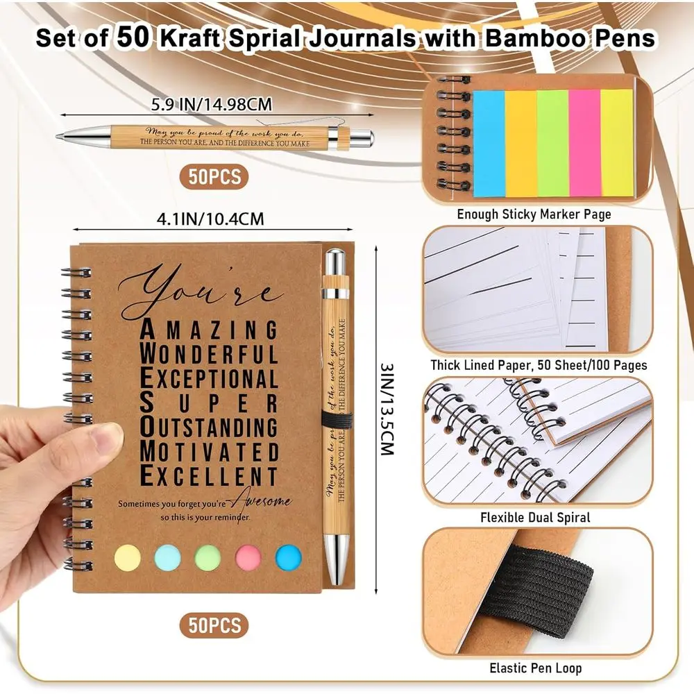 Bulk Inspirational Notebooks for Christmas: Employee & Teacher Gifts with Bamboo Pens & Sticky Notes