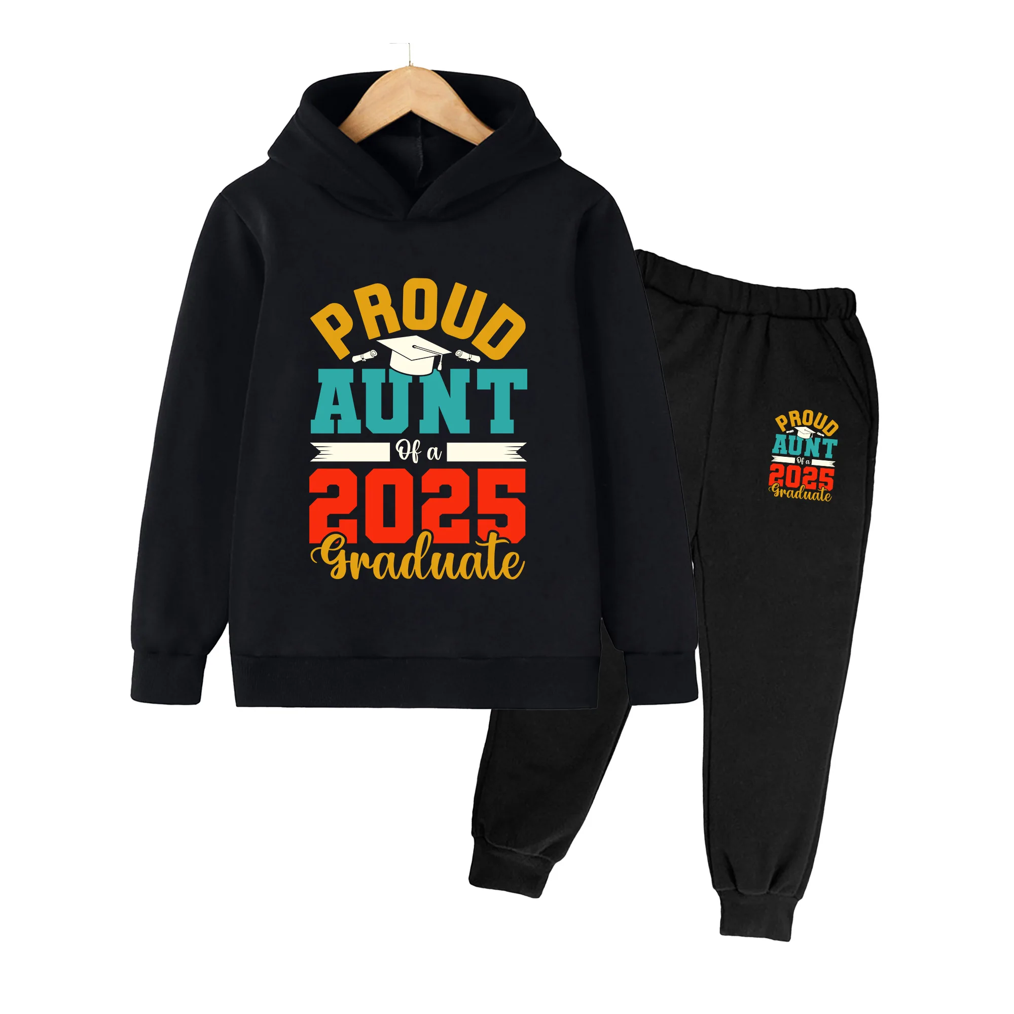 Proud Aunt of 2025 Graduate Print Kids Hoodie & Sweatpants Set, Unisex Casual School Graduation Outfit