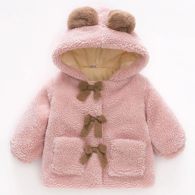 

2025 Winter Coat Kids Girls Clothes Korean Fashion Cartoon Cute Bow Fleece Warm Thick Hooded Toddler Jacket Baby Outerwear B205