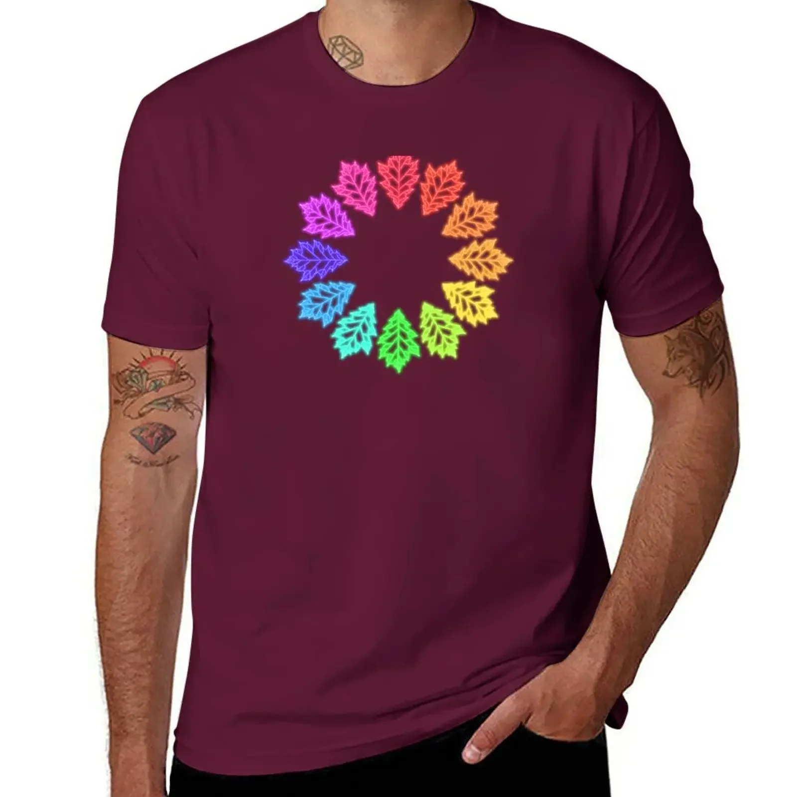 New Rainbow Neon Light Oak Leaf Ring T-Shirt sweat hippie clothes new edition t shirt oversized t shirt men printing t-shirt