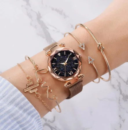 Luxury Brand Rose Gold Starry Sky Dial Watches Women Ladies Crystal Bracelet Quartz Wrist Watch 5 PCS Set  watch women brand