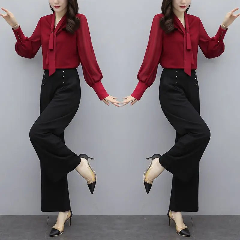 Tie Decoration Style Long Sleeve Chiffon Shirt Casual Wide Leg Pants Two Piece Set Elegant Women's Pants Set Office Outfits