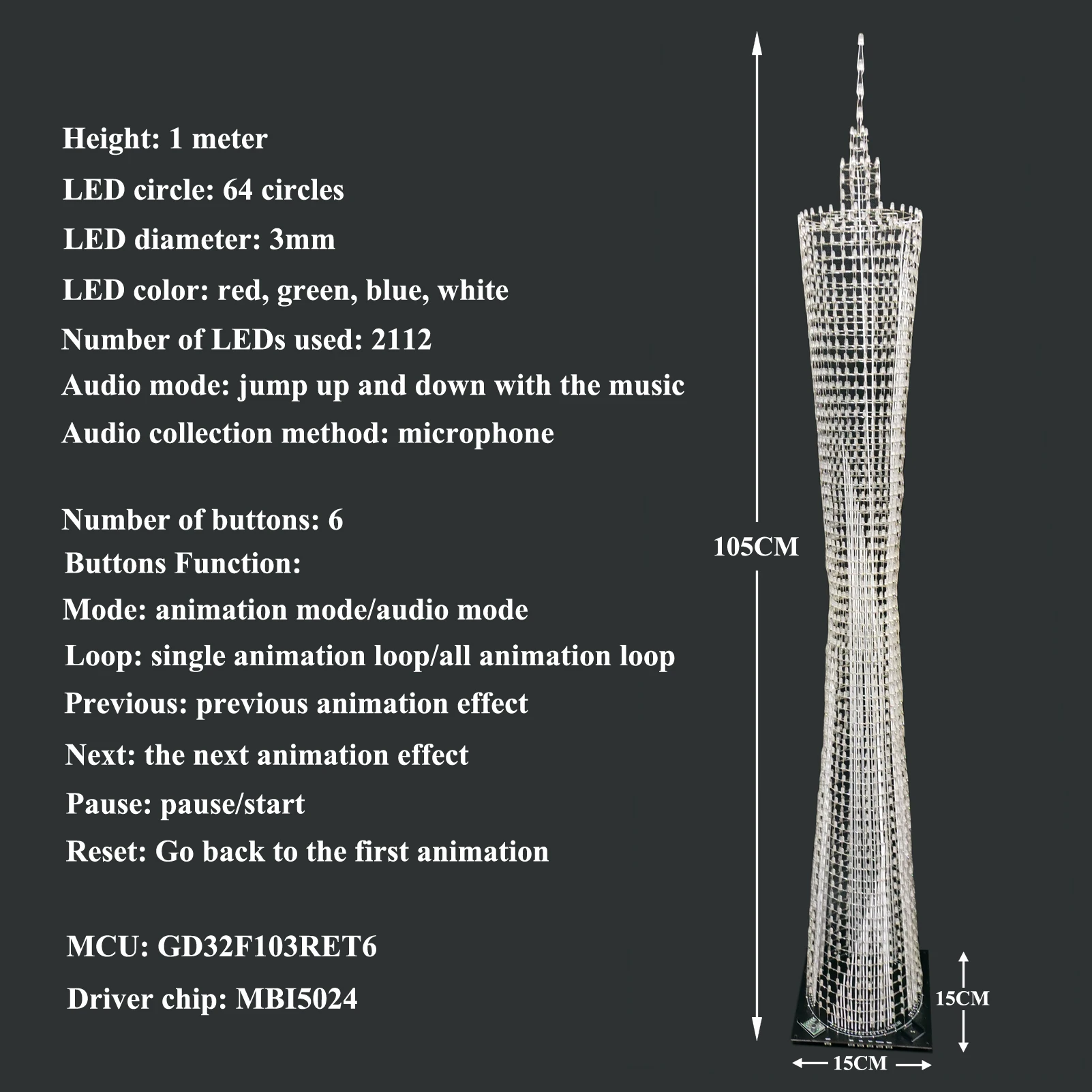 iCubeSmart Led Canton Tower Model DIY Electronic Kit, LED Model Handmade Soldering Project Kit, 64 LED Circles, Height 1 Meter.