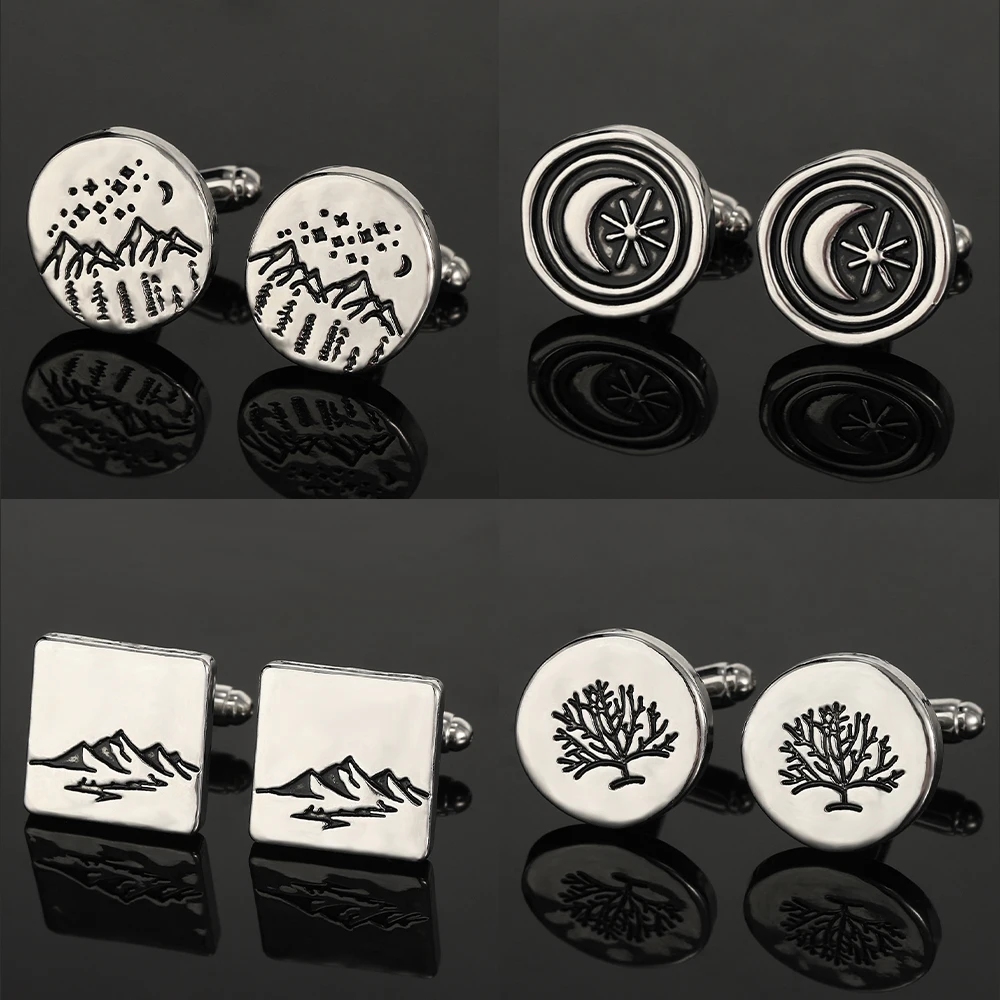กระดุมข้อมือทรงกลมลายดาวดวงจันทร์บนภูเขากระดุมแขนเสื้อสำหรับผู้ชายเสื้อชุดตกแต่งเครื่องประดับ