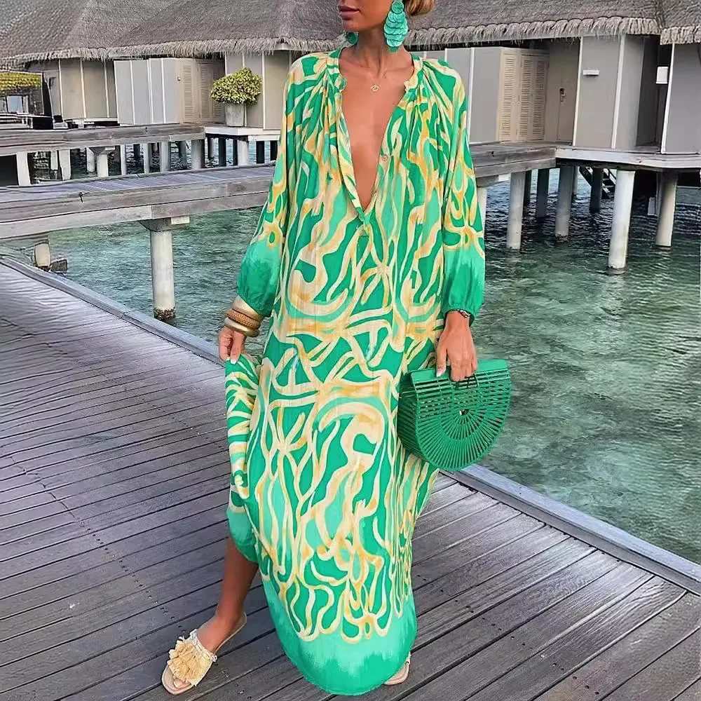 Loose Long Sleeve V-Neck Printed Dress Women's Fashion Autumn  British Style Polyester Straight Cut One Step Skirt