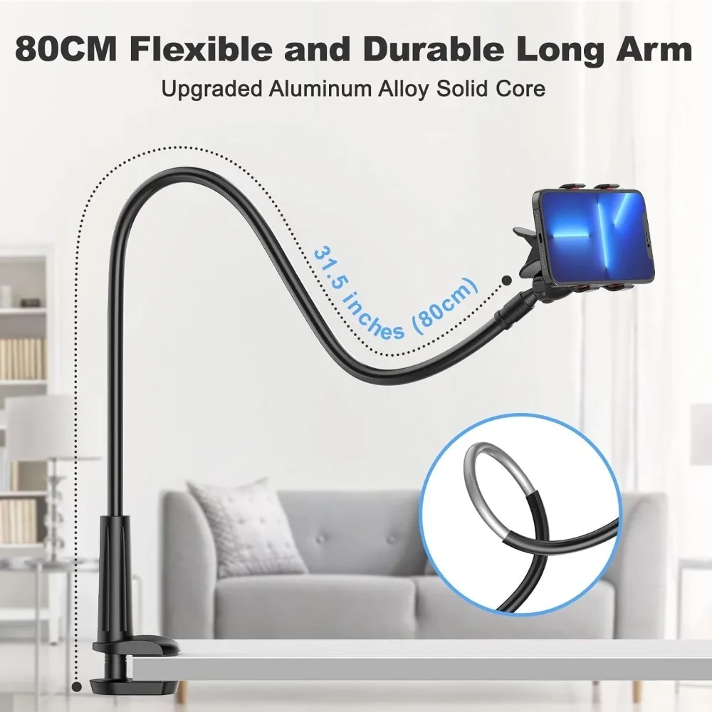 

2024 Upgrade Gooseneck Phone Holder 80cm/31in Long Flexible Lazy Arm Clip, 360 Adjustable Overhead Phone Mount for 4-7" phone