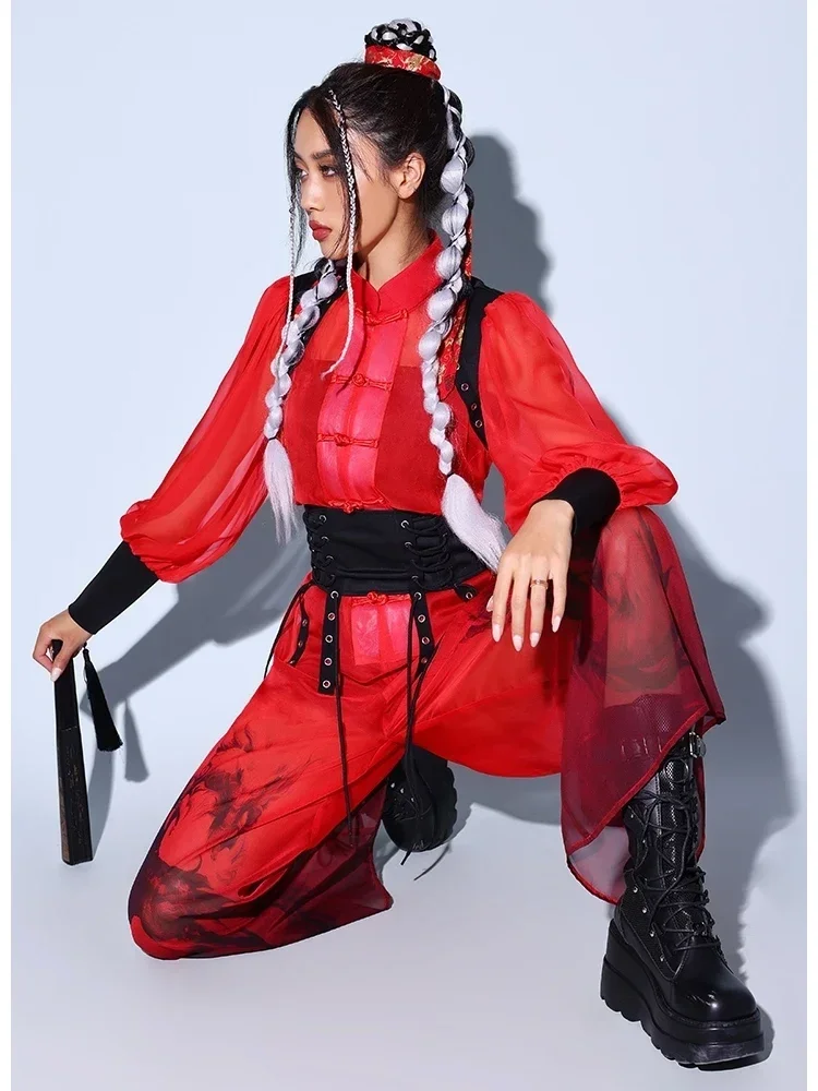 Women Jazz Dance Costumes Girls Group Gogo Dancers Performance Hip Hop Stage Wear Chinese Style Red Loose Outfits