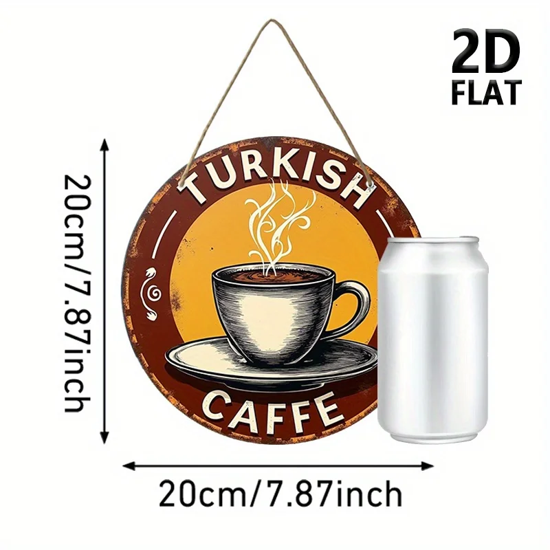 2D Flat, Vintage Turkish Coffee Wall Art - 7.87 Inch Round Recycled Wood Sign with Steaming Cup Design, Rustic Farmhouse Decor f