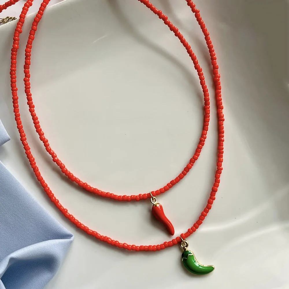 Bohemian Handmade Colorful Beads Chain Fashion Necklaces Fruit Chili Pendant Jewelry For Women Summer Accessories X0371
