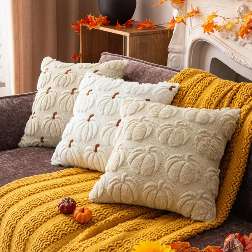 Pillow Case Polyester Embroidered Decorative Pillow Case with Maple Leaves Pumpkin Pattern Removable Washable Throw Pillow Cover