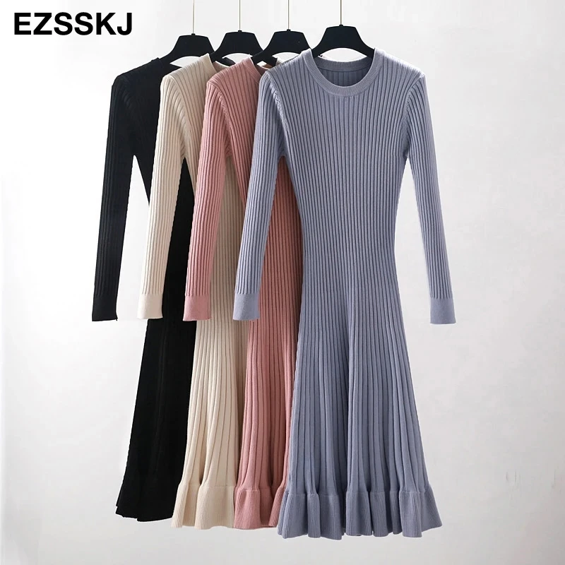 autumn winter thick mermaid maxi sweater dress women o-neck long sweater dress elegant female a-line slim sexy knit dress
