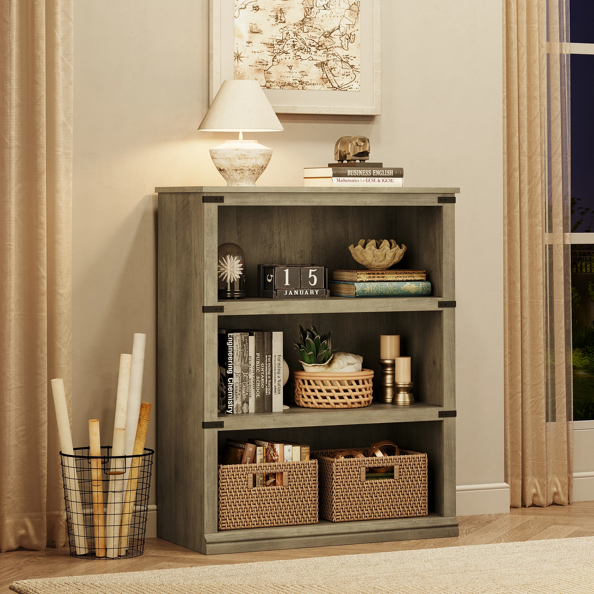 3-stöckiges Farmhouse-Bücherregal mit Stauraum, offenes Display-Bücherregal, hohes Bücherregal, Holzmöbel für Büro und Wohnzimmer – Detail 8