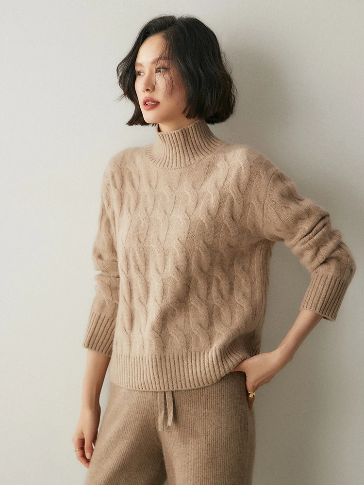 Women 100% Cashmere Sweater Cable Knitting Pullover Mock Neck Long Sleeve Cashmere Knitwear Autumn Winter Thick Soft Warm Tops