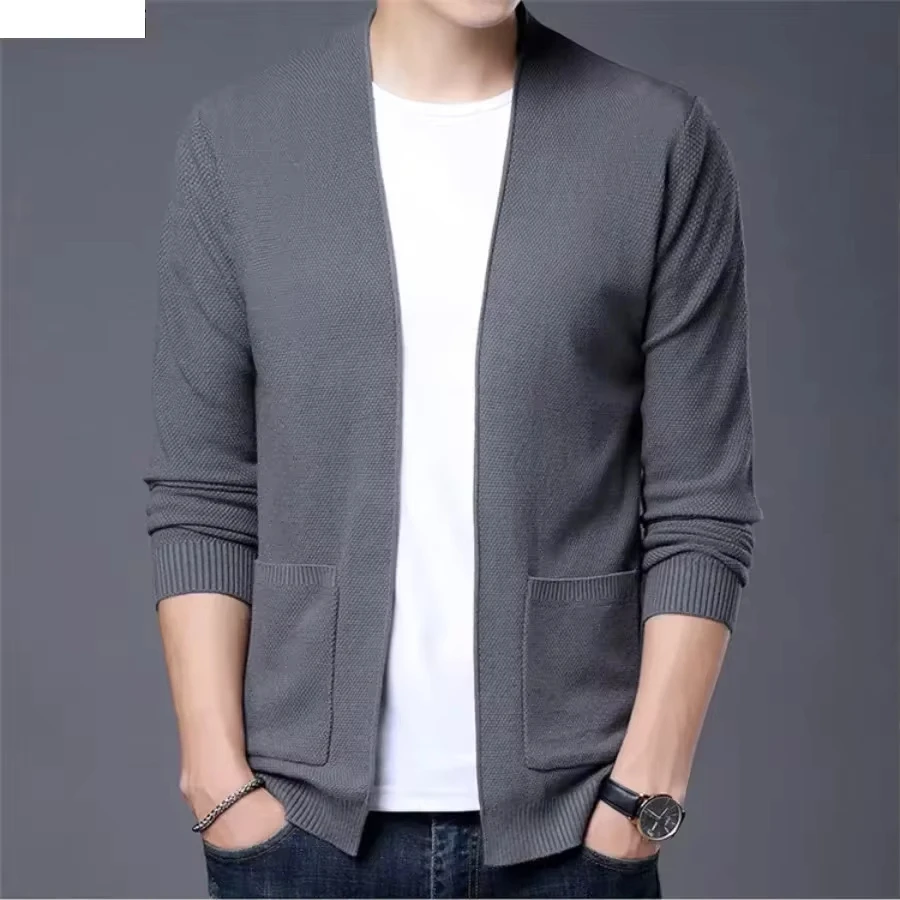 Men's Casual Knitted Cardigan Solid Simple Coats Men Big Pocket Koran Sweater Coats Men Tops