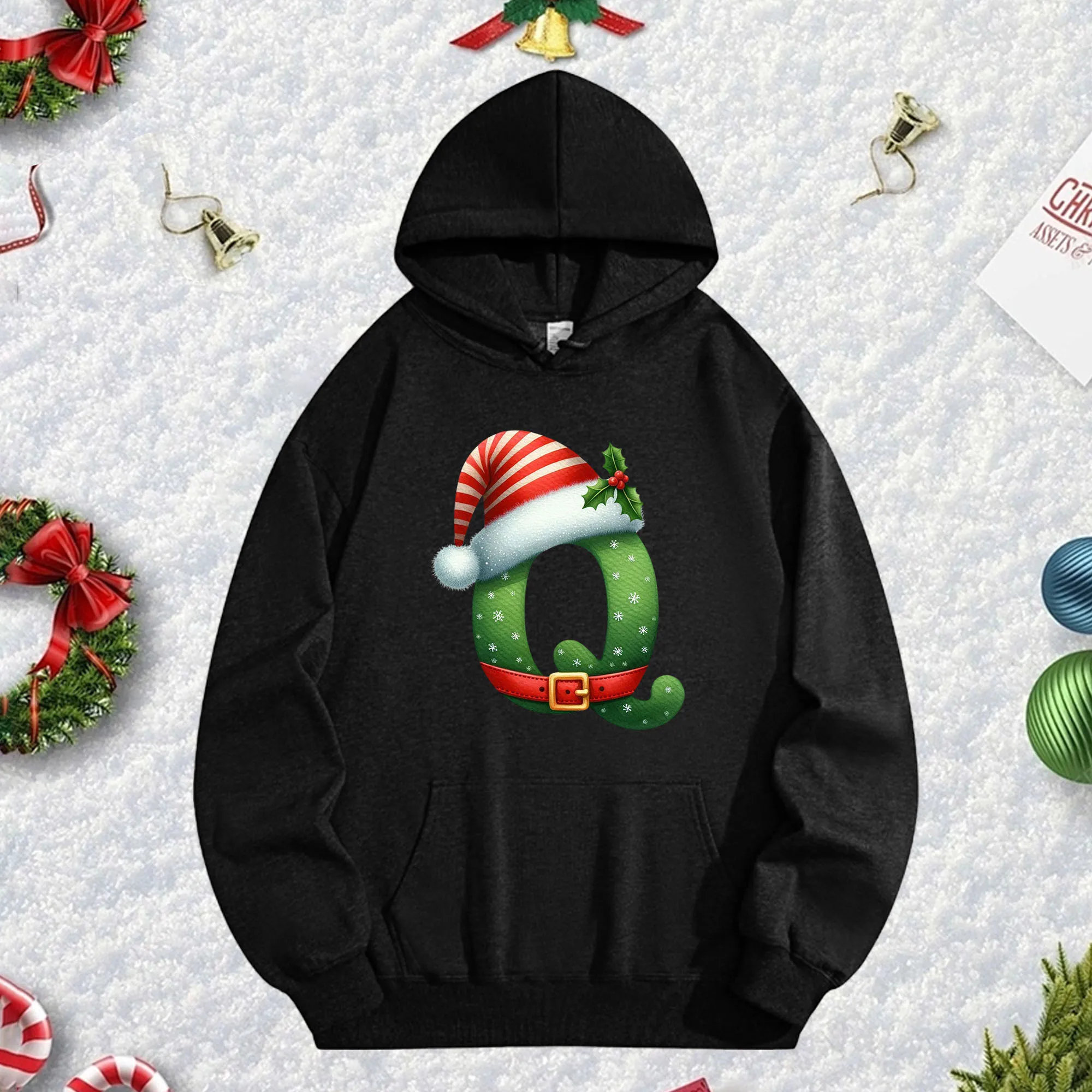 عيد الميلاد Q 270G هوديي أسود للرجال والنساء، بلوفر صوف كبير الحجم مريح لخريف/شتاء عيد الميلاد ورأس السنة الجديدة