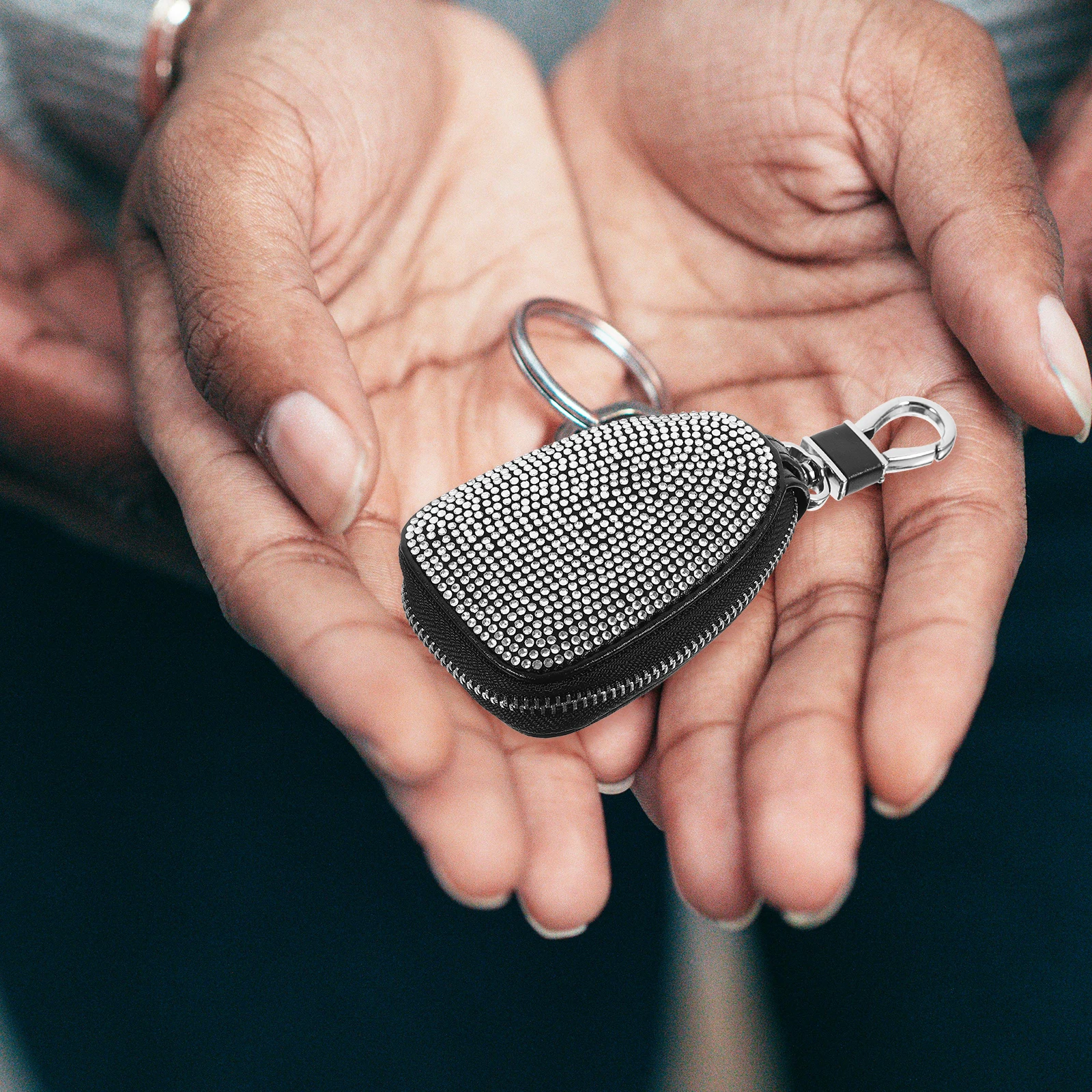 

Car Key Cover Rhinestone Inlaid Remote Control Keychain Bag Zipper Carabiner Clip Protective Soft Material Key Holder Cases