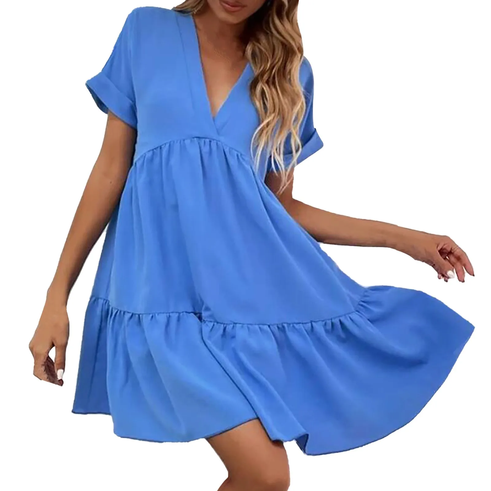 Pink Elegant Women Casual Beach Sundress Summer Solid Color Short Sleeve Mini Dress Lady Loose Party Big Swing Ruffles Dress